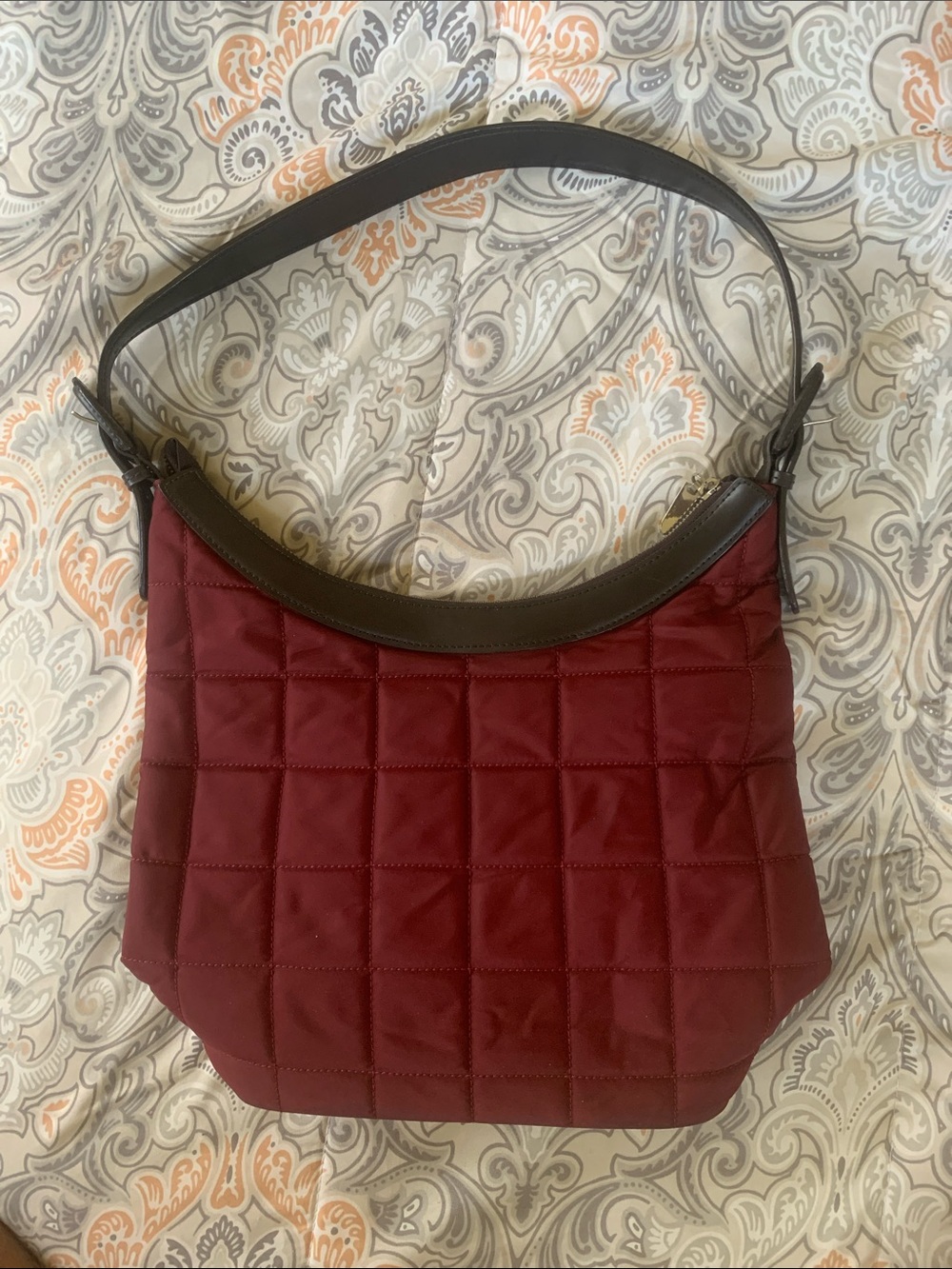 Quilted Shoulder Bag in Burgundy with Brown Trim - Women Bags